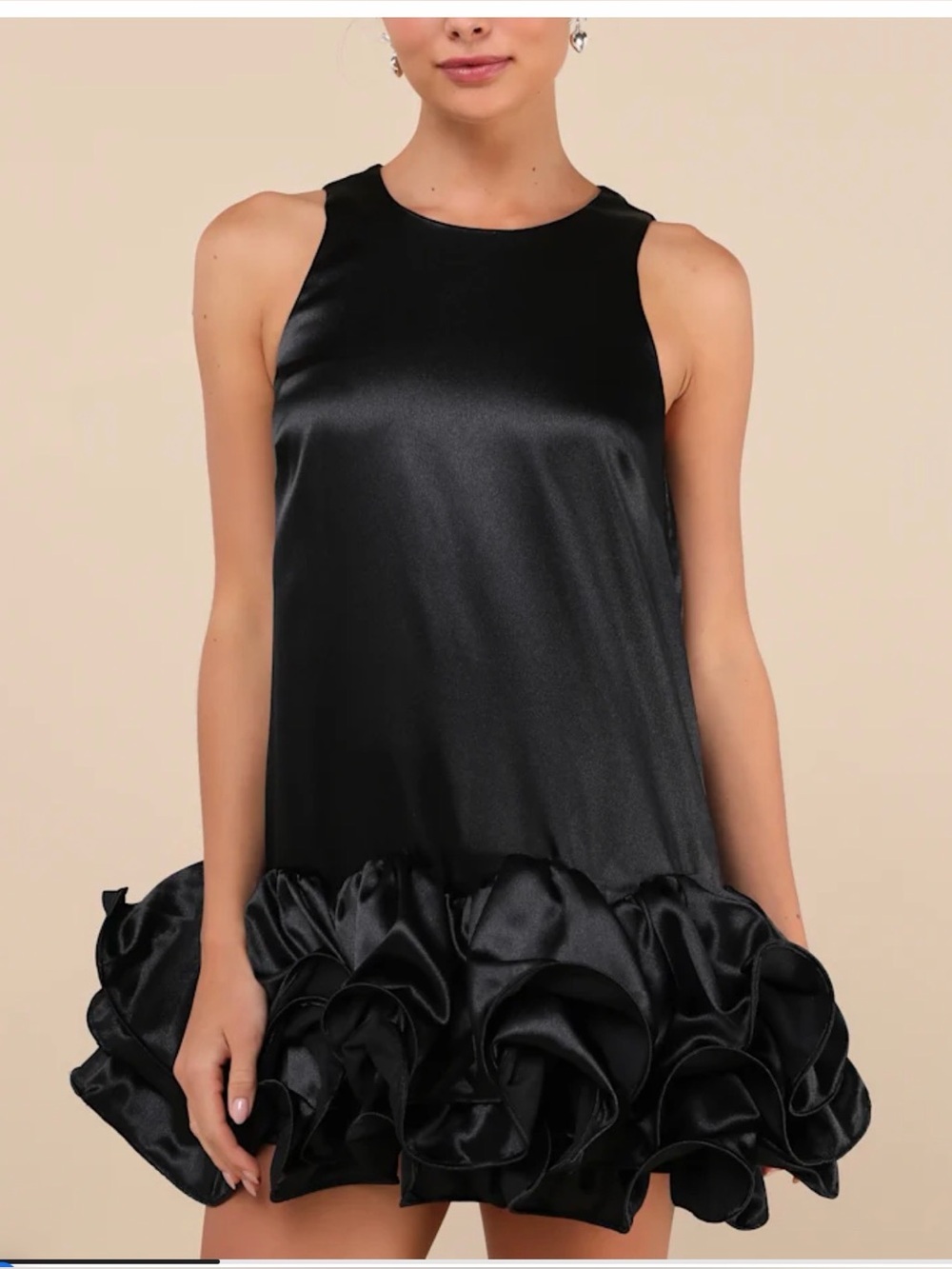 Lulus Contemporary Stunner Black Satin Ruffle Hem Shift Mini Dress M